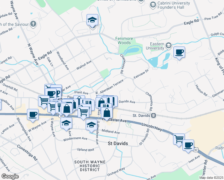 map of restaurants, bars, coffee shops, grocery stores, and more near 101 Aberdeen Terrace in Wayne
