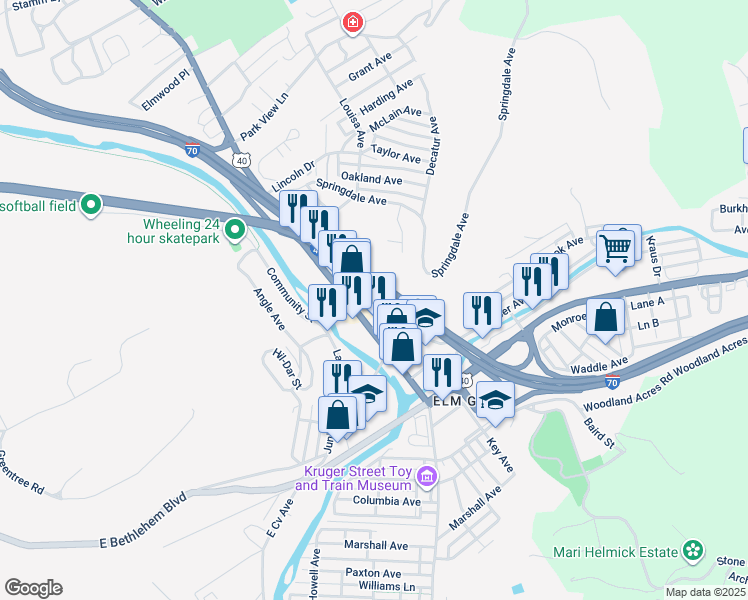 map of restaurants, bars, coffee shops, grocery stores, and more near Liberty St in Wheeling