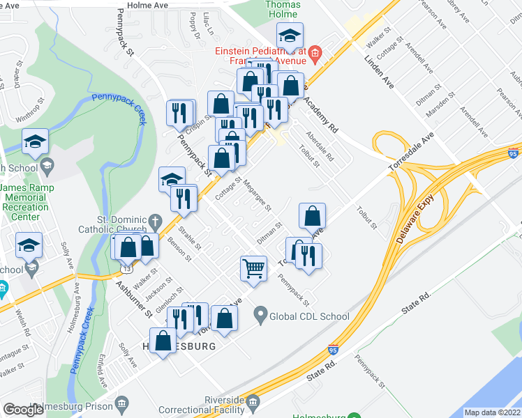 map of restaurants, bars, coffee shops, grocery stores, and more near 8761 Jackson Street in Philadelphia