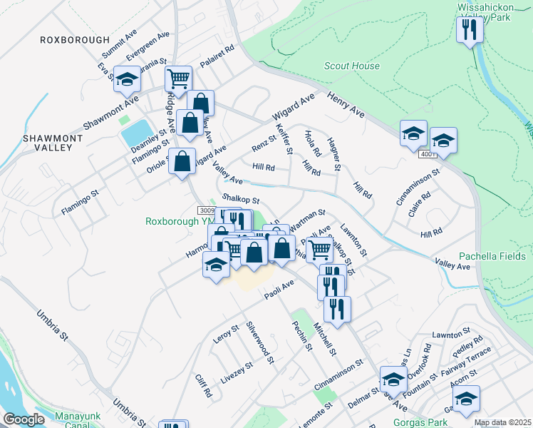 map of restaurants, bars, coffee shops, grocery stores, and more near 7204 Shalkop Street in Philadelphia