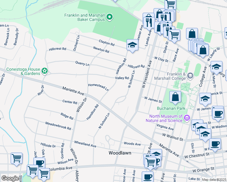 map of restaurants, bars, coffee shops, grocery stores, and more near 519 Hamilton Rd in Lancaster
