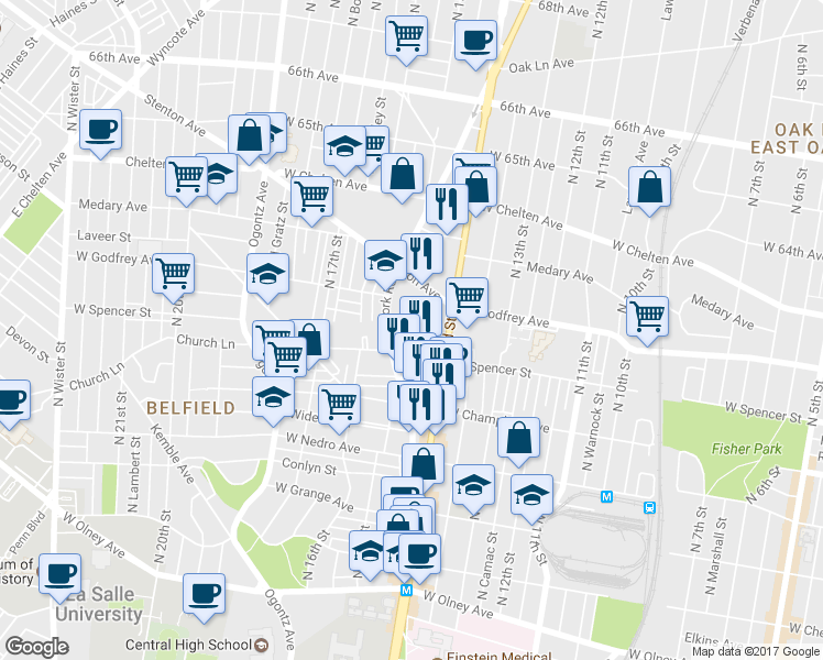 map of restaurants, bars, coffee shops, grocery stores, and more near 1439 West Sparks Street in Philadelphia