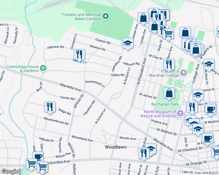 map of restaurants, bars, coffee shops, grocery stores, and more near 519 Hamilton Rd in Lancaster