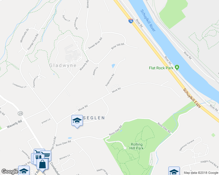 map of restaurants, bars, coffee shops, grocery stores, and more near 1500 Monk Road in Gladwyne