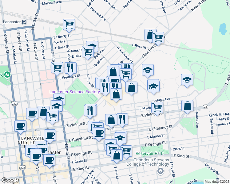 map of restaurants, bars, coffee shops, grocery stores, and more near 480 New Holland Avenue in Lancaster