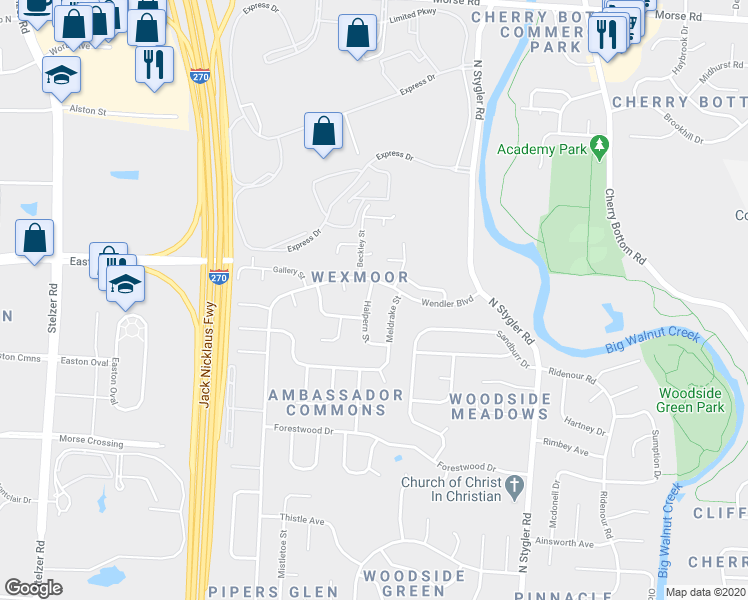 map of restaurants, bars, coffee shops, grocery stores, and more near 3538 Halpern Street in Columbus