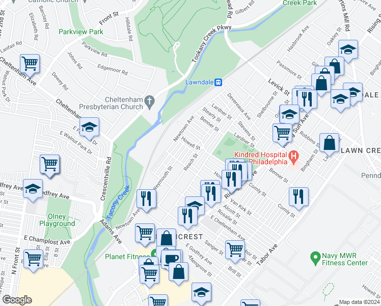 map of restaurants, bars, coffee shops, grocery stores, and more near 5937 Weymouth Street in Philadelphia