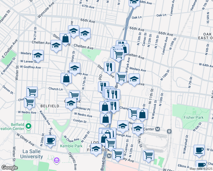 map of restaurants, bars, coffee shops, grocery stores, and more near 1439 West Sparks Street in Philadelphia