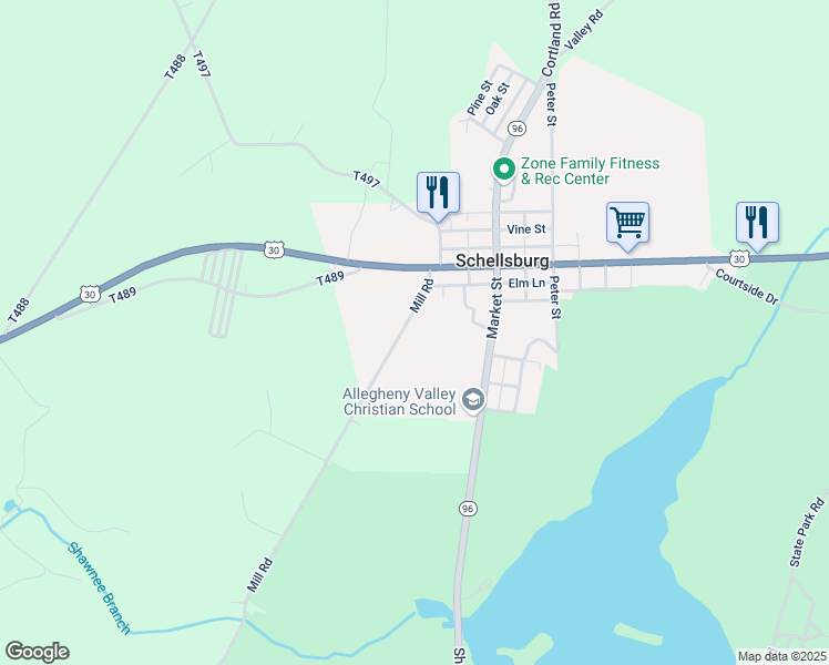 map of restaurants, bars, coffee shops, grocery stores, and more near 1074 Mill Road in Schellsburg