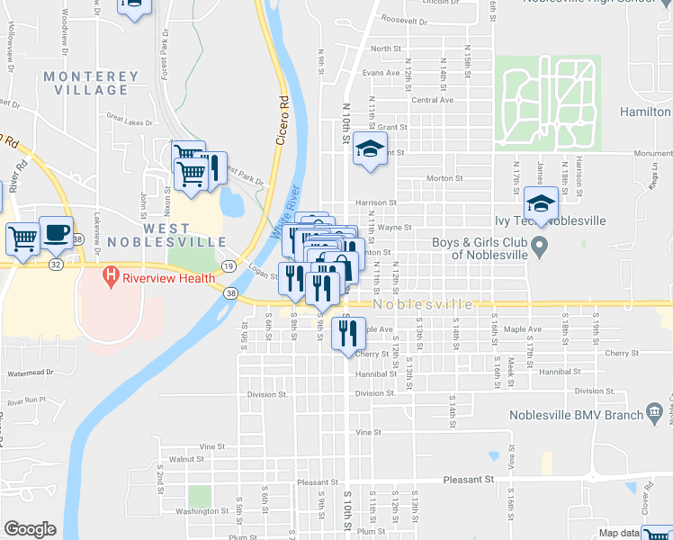 map of restaurants, bars, coffee shops, grocery stores, and more near 970 Logan Street in Noblesville