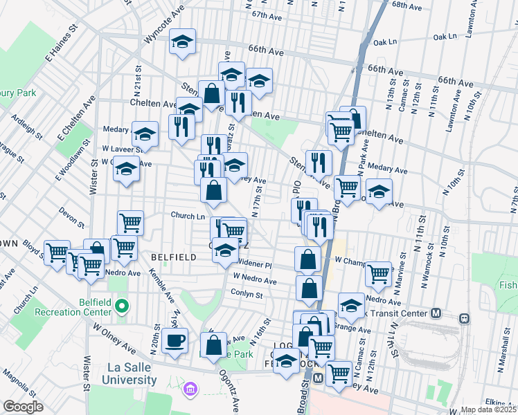 map of restaurants, bars, coffee shops, grocery stores, and more near 6115 North 17th Street in Philadelphia