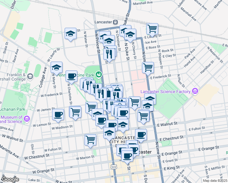 map of restaurants, bars, coffee shops, grocery stores, and more near 538 North Queen Street in Lancaster