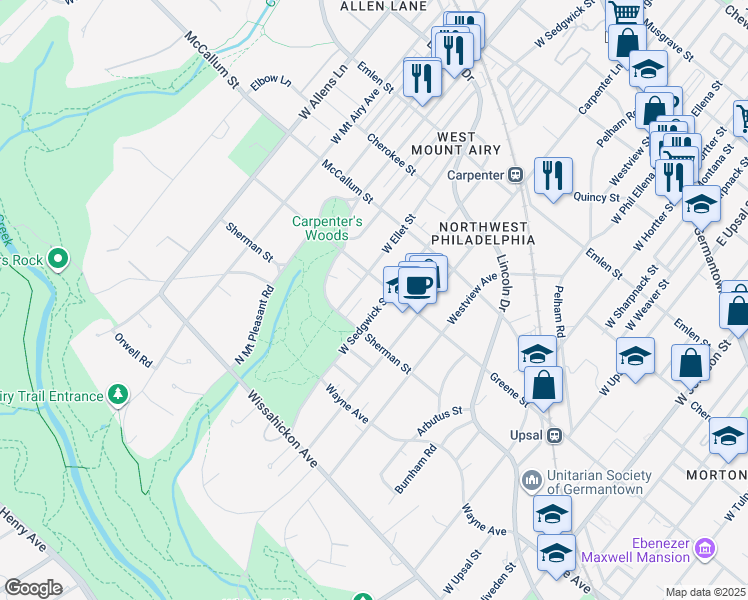 map of restaurants, bars, coffee shops, grocery stores, and more near 617 West Sedgwick Street in Philadelphia
