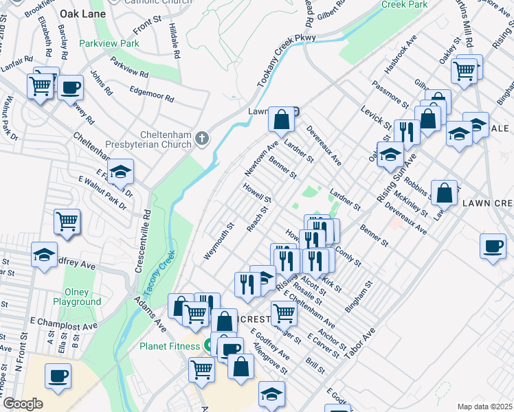 map of restaurants, bars, coffee shops, grocery stores, and more near 5937 Weymouth Street in Philadelphia
