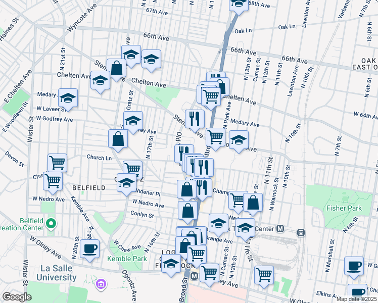 map of restaurants, bars, coffee shops, grocery stores, and more near 1441 West Sparks Street in Philadelphia