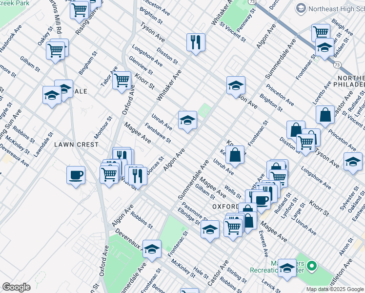map of restaurants, bars, coffee shops, grocery stores, and more near 1041 Fanshawe Street in Philadelphia