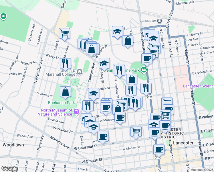 map of restaurants, bars, coffee shops, grocery stores, and more near 421 West Frederick Street in Lancaster