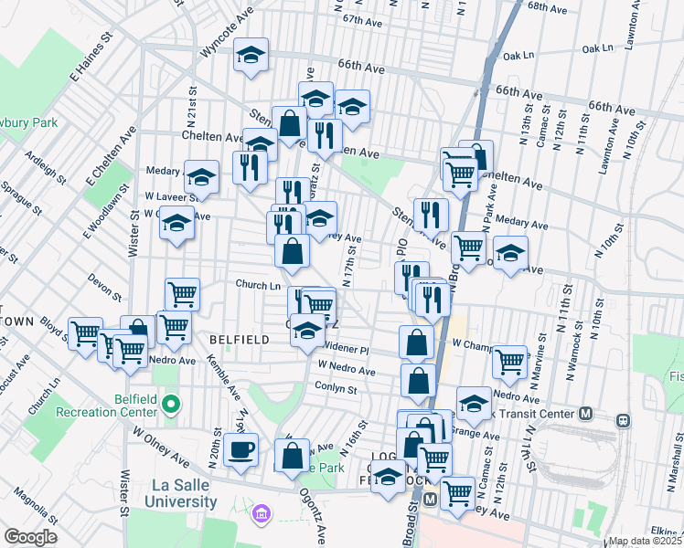 map of restaurants, bars, coffee shops, grocery stores, and more near 6120 North 17th Street in Philadelphia