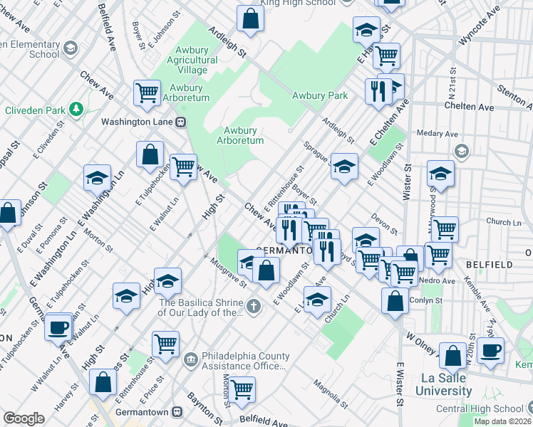 map of restaurants, bars, coffee shops, grocery stores, and more near 5815 Chew Avenue in Philadelphia