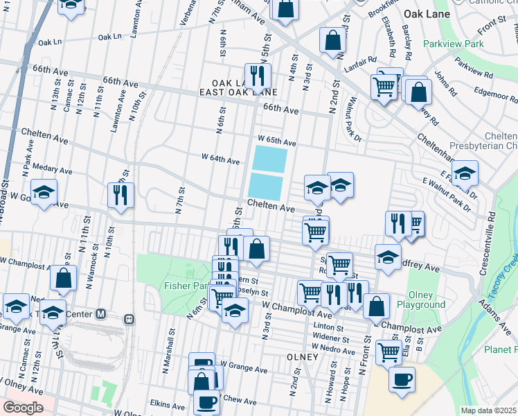 map of restaurants, bars, coffee shops, grocery stores, and more near 6261 North Lawrence Street in Philadelphia