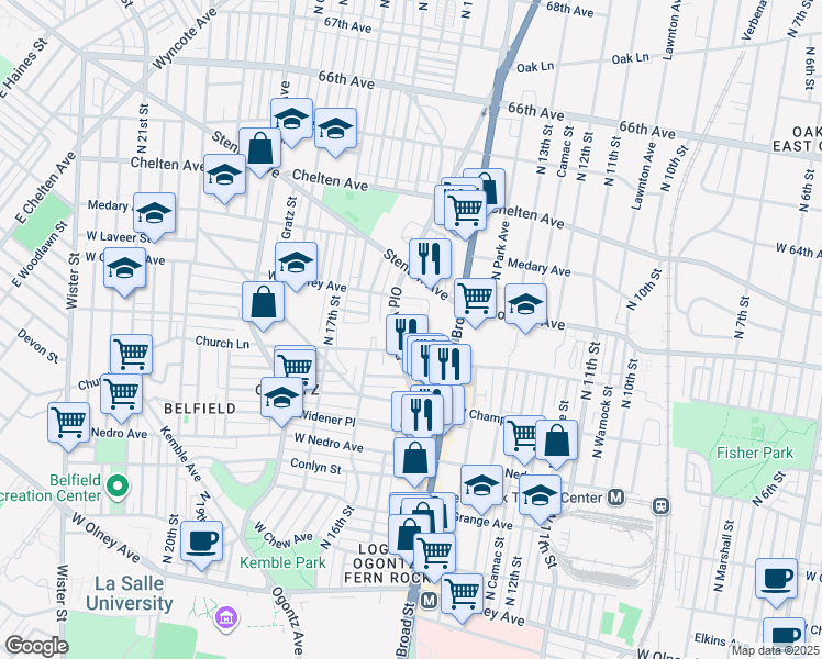 map of restaurants, bars, coffee shops, grocery stores, and more near 1449 West Sparks Street in Philadelphia