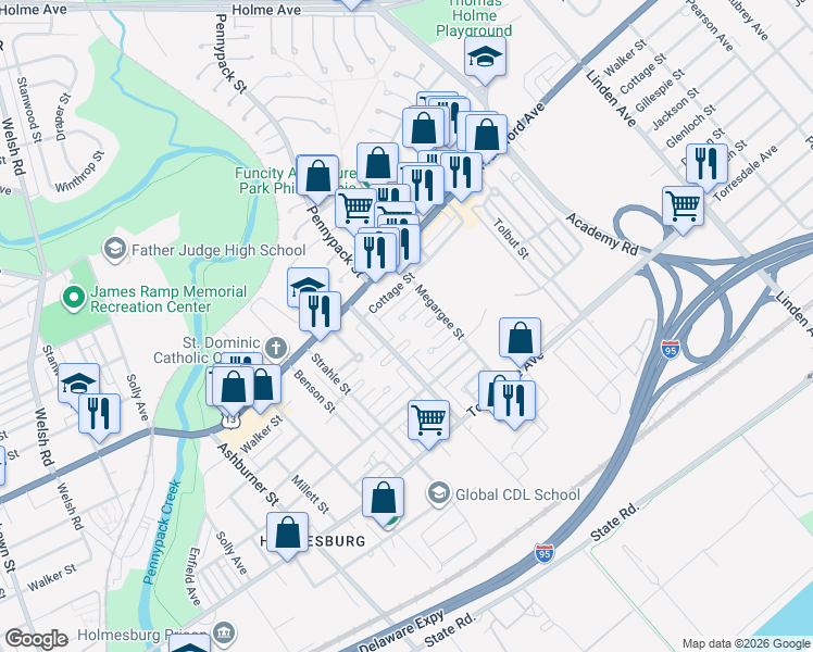 map of restaurants, bars, coffee shops, grocery stores, and more near 8731 Gillespie St in Philadelphia