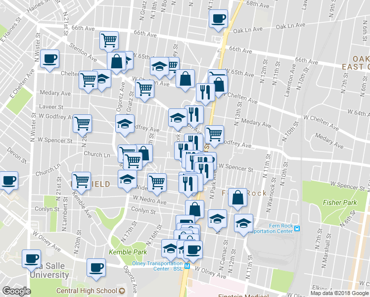 map of restaurants, bars, coffee shops, grocery stores, and more near 1449 West Sparks Street in Philadelphia