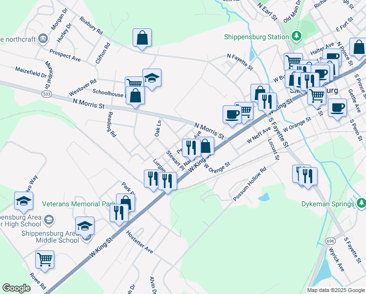 map of restaurants, bars, coffee shops, grocery stores, and more near 40 Cumberland Avenue in Shippensburg