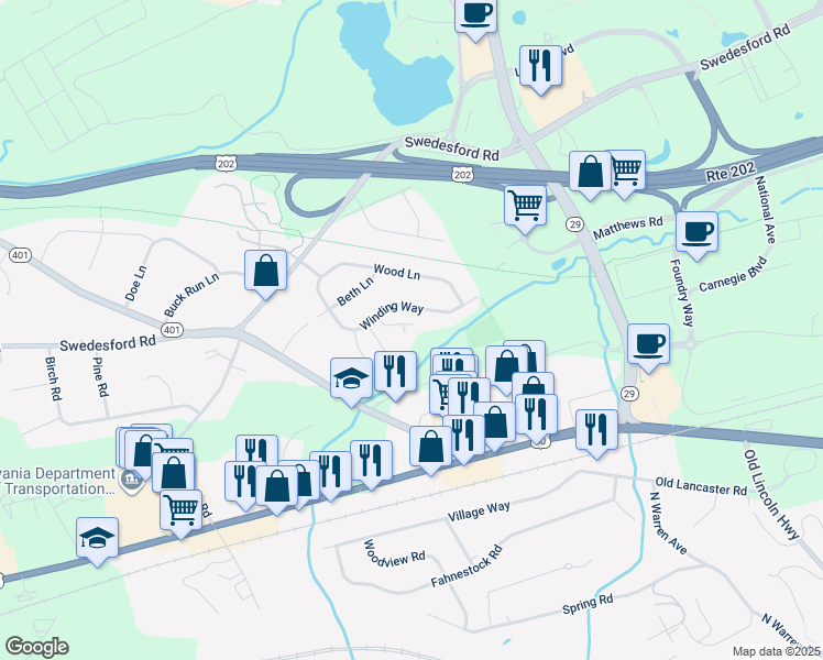 map of restaurants, bars, coffee shops, grocery stores, and more near 12 Winding Way in Malvern
