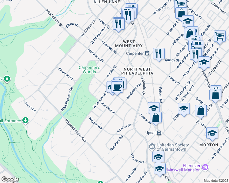 map of restaurants, bars, coffee shops, grocery stores, and more near 6913 Greene Street in Philadelphia