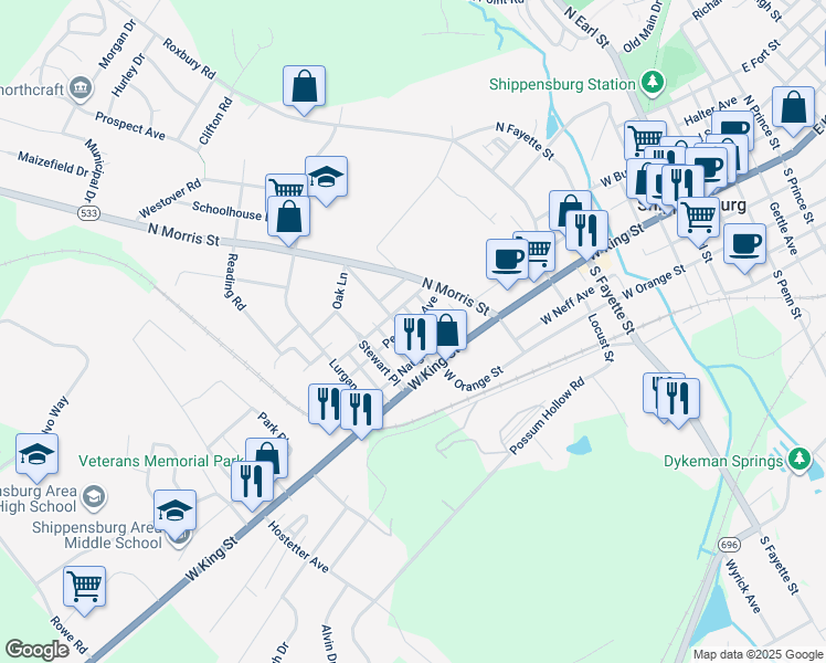 map of restaurants, bars, coffee shops, grocery stores, and more near 35 Cumberland Avenue in Shippensburg