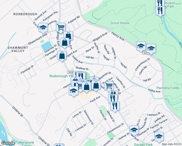 map of restaurants, bars, coffee shops, grocery stores, and more near 7204 Shalkop Street in Philadelphia