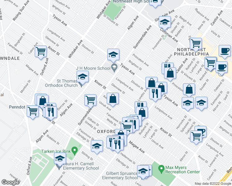 map of restaurants, bars, coffee shops, grocery stores, and more near 1233 Knorr Street in Philadelphia