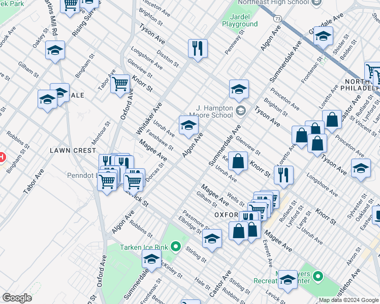 map of restaurants, bars, coffee shops, grocery stores, and more near 1100 Unruh Avenue in Philadelphia