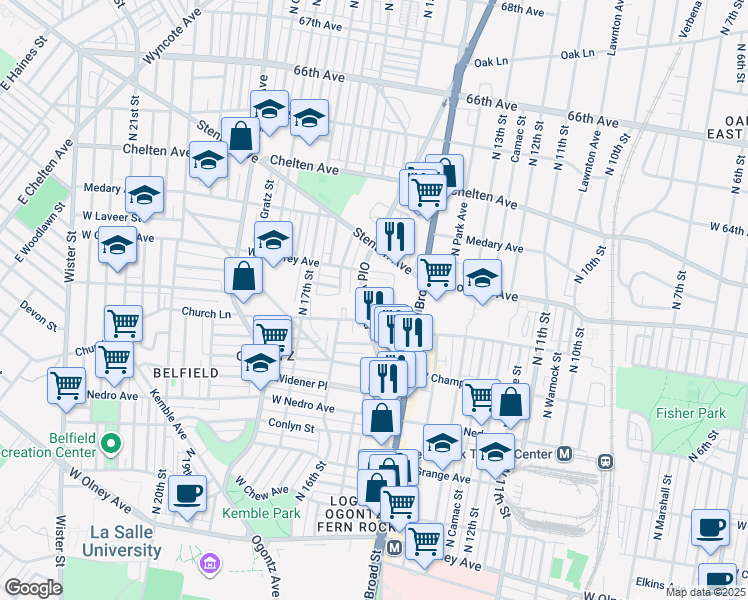 map of restaurants, bars, coffee shops, grocery stores, and more near 1453 West Sparks Street in Philadelphia