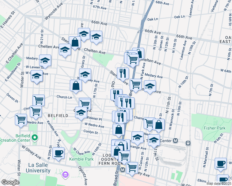 map of restaurants, bars, coffee shops, grocery stores, and more near 1455 West Sparks Street in Philadelphia