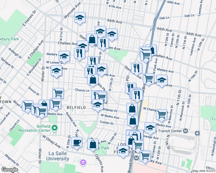 map of restaurants, bars, coffee shops, grocery stores, and more near 6120 North 17th Street in Philadelphia
