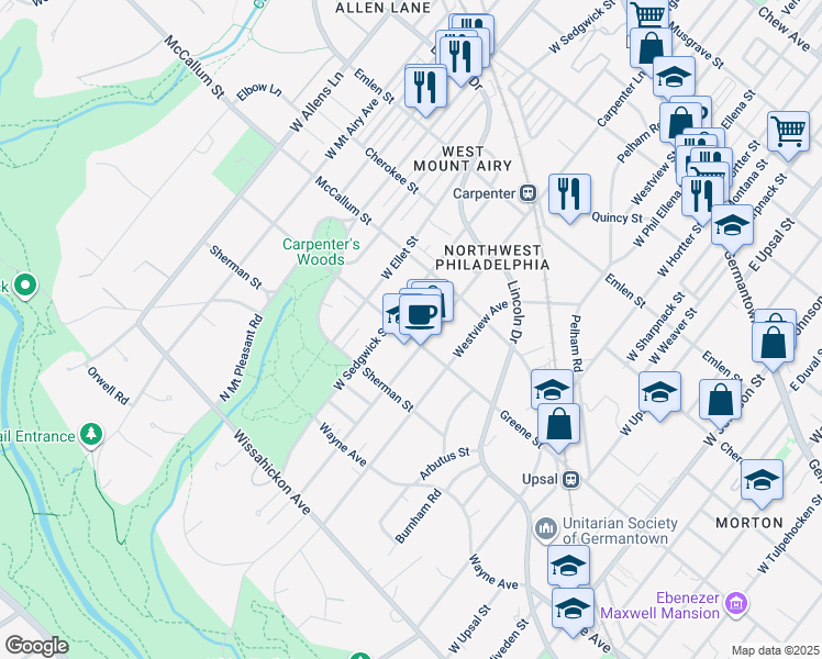 map of restaurants, bars, coffee shops, grocery stores, and more near 6913 Greene Street in Philadelphia