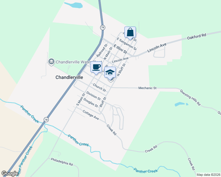 map of restaurants, bars, coffee shops, grocery stores, and more near Bluff Street in Chandlerville