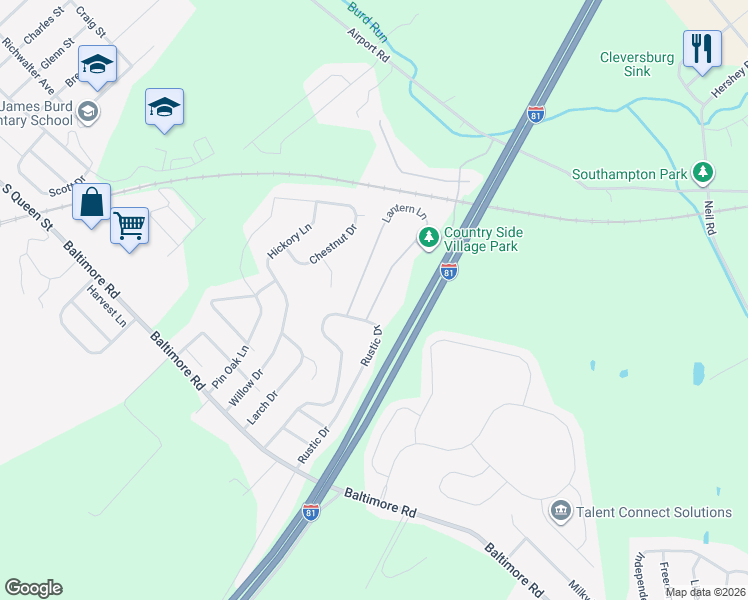 map of restaurants, bars, coffee shops, grocery stores, and more near 97 Lantern Ln in Shippensburg