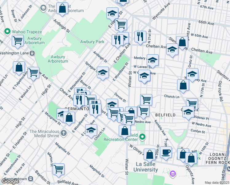map of restaurants, bars, coffee shops, grocery stores, and more near 951 East Locust Avenue in Philadelphia