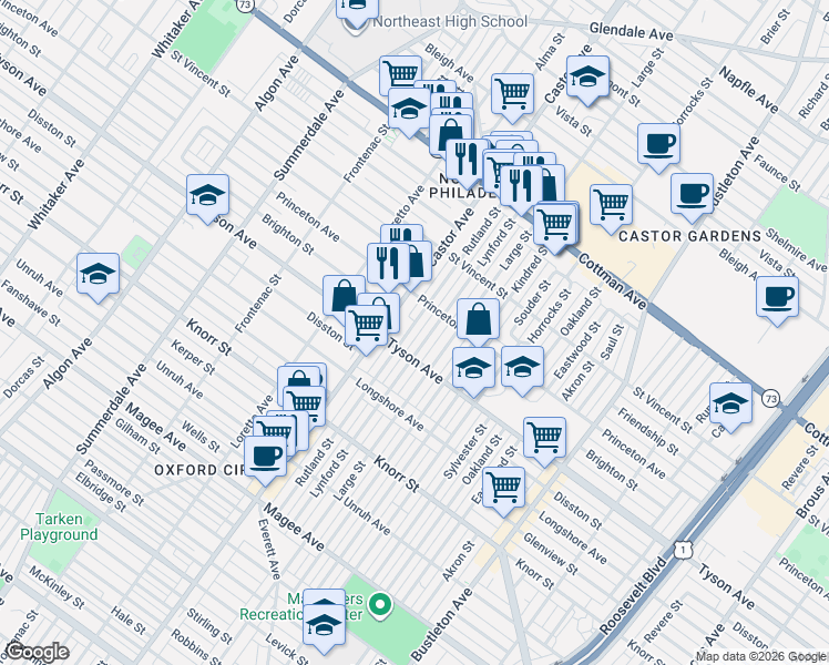 map of restaurants, bars, coffee shops, grocery stores, and more near 7021 Rutland Street in Philadelphia