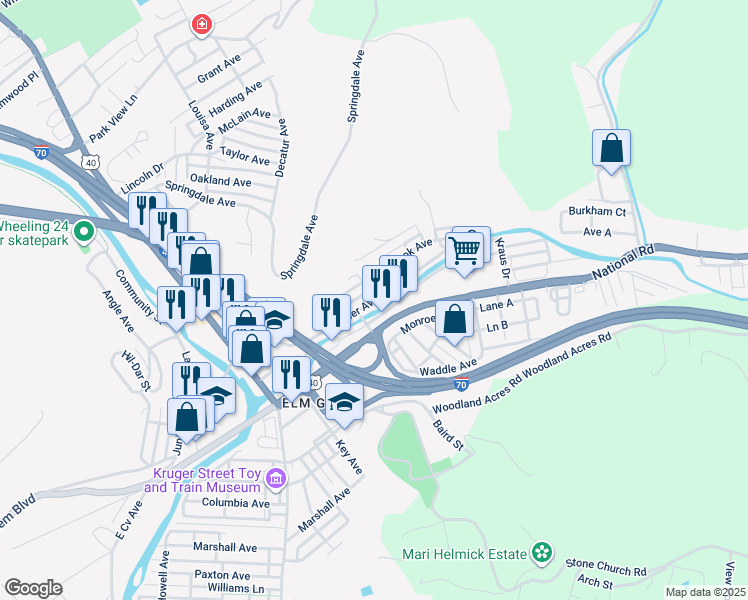 map of restaurants, bars, coffee shops, grocery stores, and more near 2336 Lumber Avenue in Wheeling