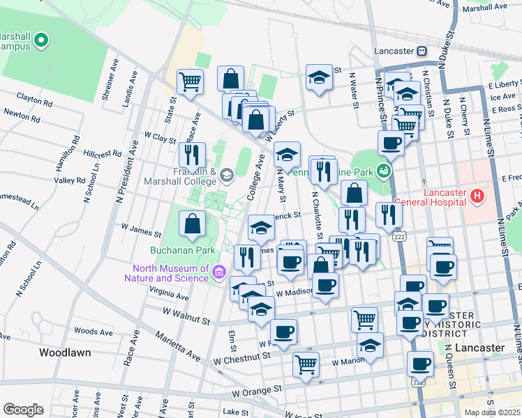 map of restaurants, bars, coffee shops, grocery stores, and more near 616 North Pine Street in Lancaster
