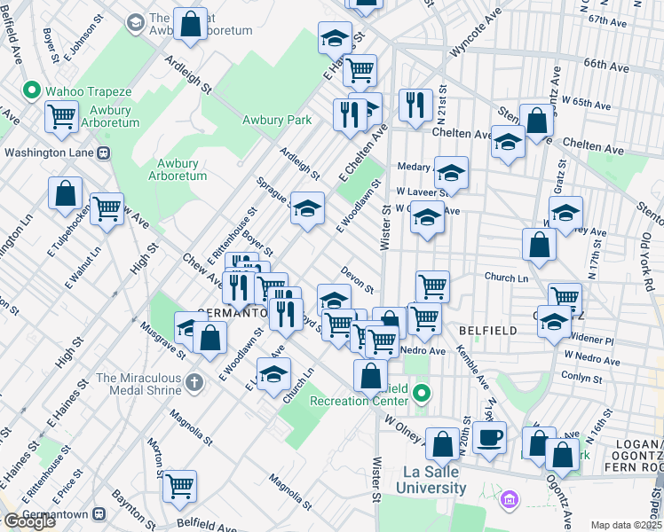 map of restaurants, bars, coffee shops, grocery stores, and more near 5612 Devon Street in Philadelphia