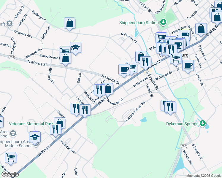 map of restaurants, bars, coffee shops, grocery stores, and more near 317 West King Street in Shippensburg