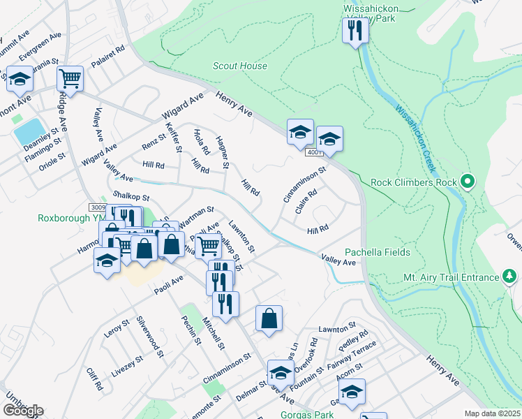 map of restaurants, bars, coffee shops, grocery stores, and more near 7203 Hill Road in Philadelphia