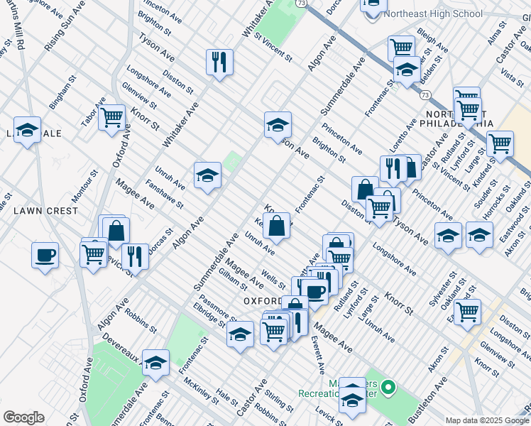 map of restaurants, bars, coffee shops, grocery stores, and more near 1216 Knorr Street in Philadelphia