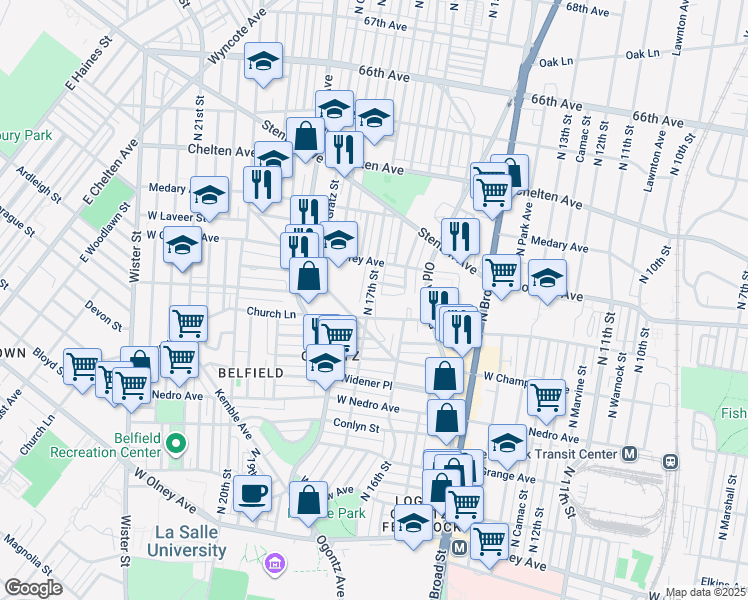 map of restaurants, bars, coffee shops, grocery stores, and more near 6115 North 17th Street in Philadelphia