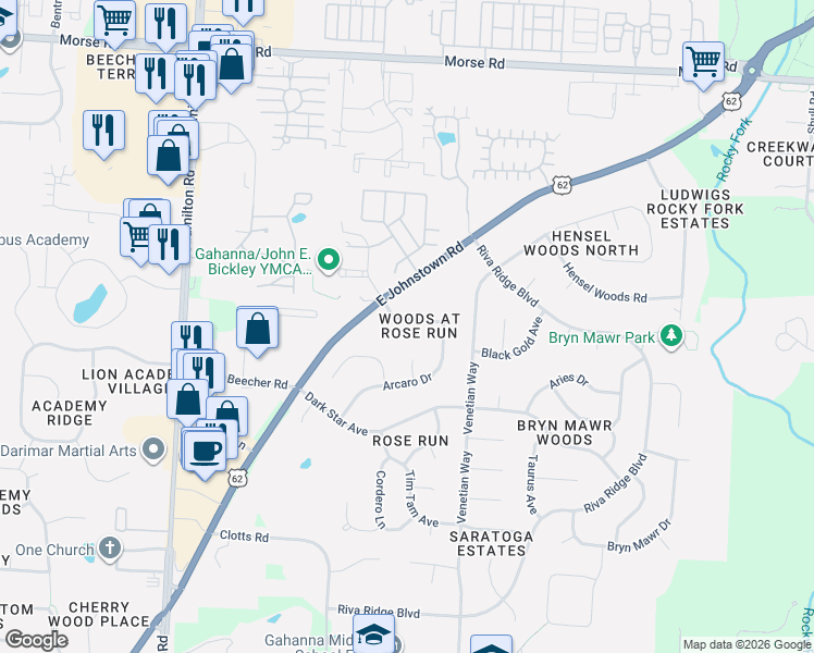 map of restaurants, bars, coffee shops, grocery stores, and more near 656 Rose Way in Columbus
